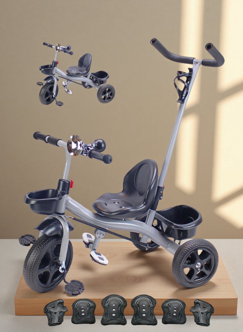 إيزي فيتشور دراجة ثلاثية العجلات للأطفال من إيزي فيوتشر، لعبة ركوب مزودة بمقبض دفع للوالدين وسلة تخزين (متوفرة بألوان الرمادي والأحمر والوردي). تتضمن العبوة مجموعة معدات واقية. - Image 1